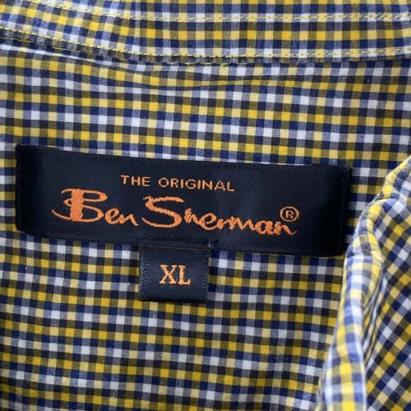 Ben Sherman Mens XL Long Sleeve Button Down Yellow Gold & Blue Plaid Shirt - Picture 4 of 12